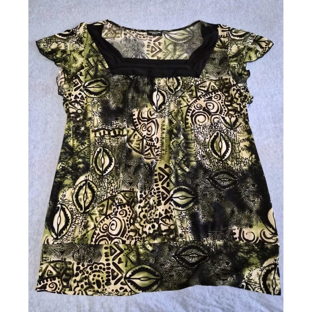 Size L Perseption Women Green & Black Abstract Printed Flutter Sleeve Blouse Top